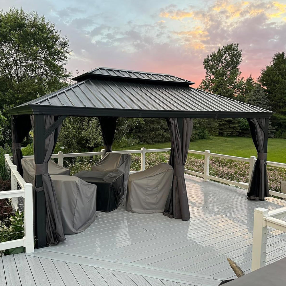 PURPLE LEAF – Pavillon de terrasse pour jardin, toit rigide gris en acier galvanisé avec rideau amélioré