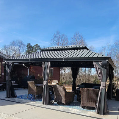 PURPLE LEAF – Pavillon de terrasse pour jardin, toit rigide gris en acier galvanisé avec rideau amélioré