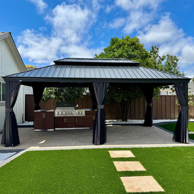 PURPLE LEAF – Pavillon de terrasse pour jardin, toit rigide gris en acier galvanisé avec rideau amélioré