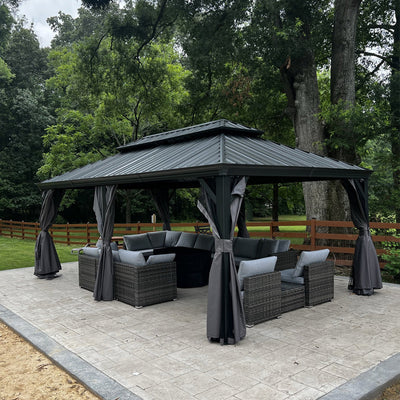 PURPLE LEAF – Pavillon de terrasse pour jardin, toit rigide gris en acier galvanisé avec rideau amélioré