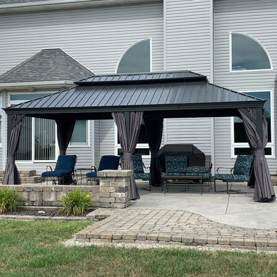 PURPLE LEAF – Pavillon de terrasse pour jardin, toit rigide gris en acier galvanisé avec rideau amélioré