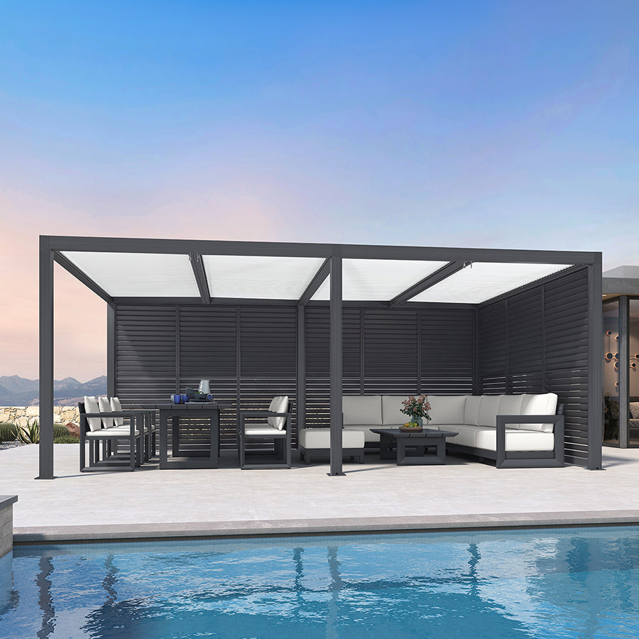 PURPLE LEAF Athena – Pergola extérieure grise en aluminium à lames orientables avec paroi à volets, réglable et étanche à la pluie
