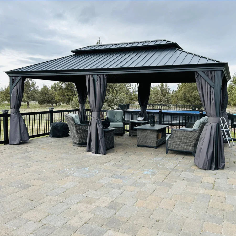 PURPLE LEAF – Pavillon de terrasse pour jardin, toit rigide gris en acier galvanisé avec rideau amélioré