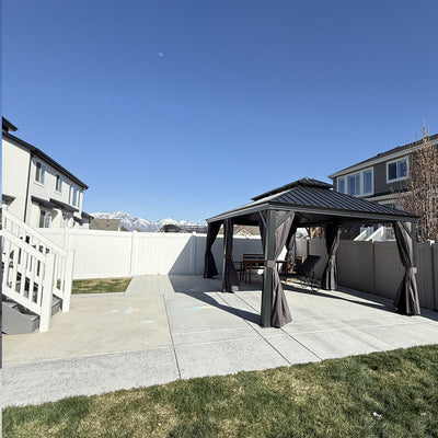 PURPLE LEAF – Pavillon de terrasse pour jardin, toit rigide gris en acier galvanisé avec rideau amélioré