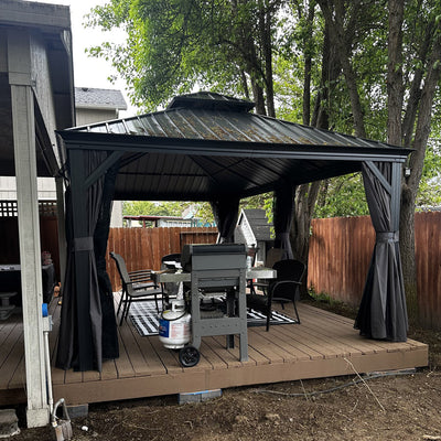 PURPLE LEAF – Pavillon de terrasse pour jardin, toit rigide gris en acier galvanisé avec rideau amélioré
