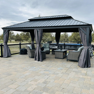 PURPLE LEAF – Pavillon de terrasse pour jardin, toit rigide gris en acier galvanisé avec rideau amélioré