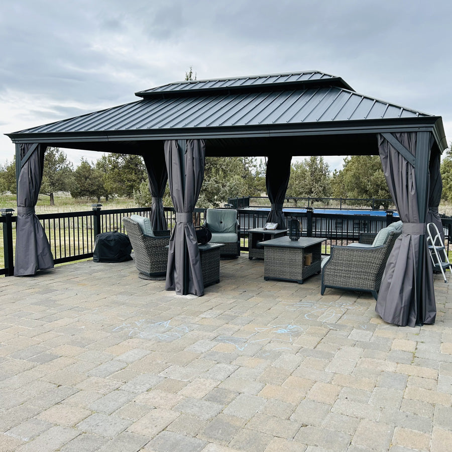 PURPLE LEAF – Pavillon de terrasse pour jardin, toit rigide gris en acier galvanisé avec rideau amélioré