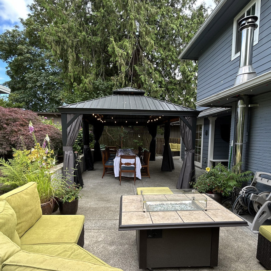 PURPLE LEAF – Pavillon de terrasse pour jardin, toit rigide gris en acier galvanisé avec rideau amélioré