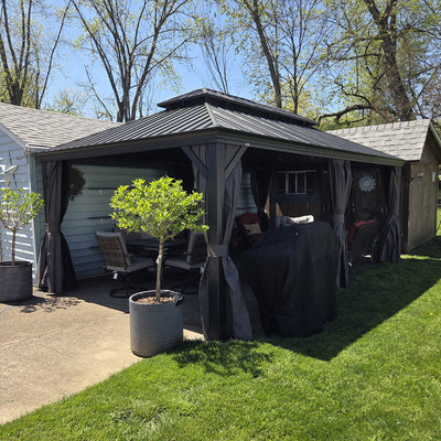 PURPLE LEAF – Pavillon de terrasse pour jardin, toit rigide gris en acier galvanisé avec rideau amélioré