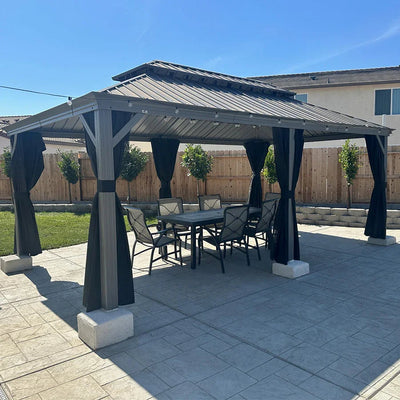 PURPLE LEAF – Pavillon de terrasse pour piscine, toit rigide gris clair en acier galvanisé avec rideaux améliorés