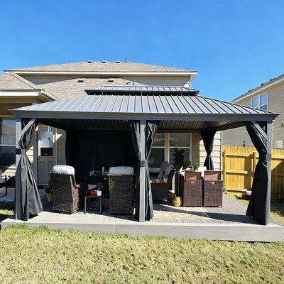 PURPLE LEAF – Pavillon de terrasse pour piscine, toit rigide gris clair en acier galvanisé avec rideaux améliorés