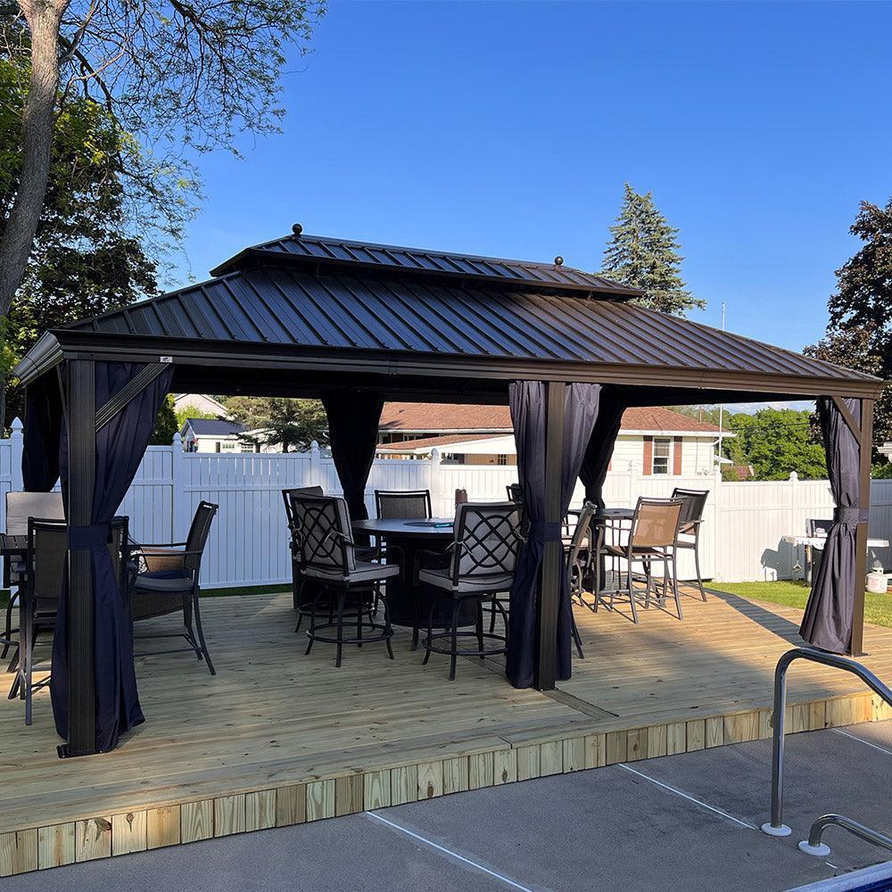 PURPLE LEAF – Pavillon extérieur à toit rigide pour terrasse, structure en aluminium bronze avec rideau bleu marine