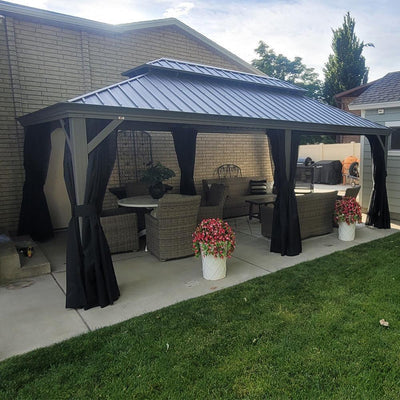 PURPLE LEAF – Pavillon de terrasse pour piscine, toit rigide gris clair en acier galvanisé avec rideaux améliorés