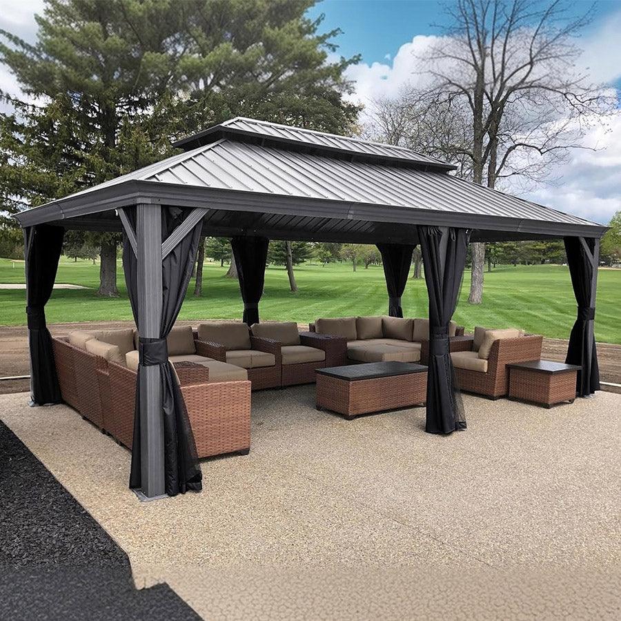 PURPLE LEAF – Pavillon de terrasse pour piscine, toit rigide gris clair en acier galvanisé avec rideaux améliorés