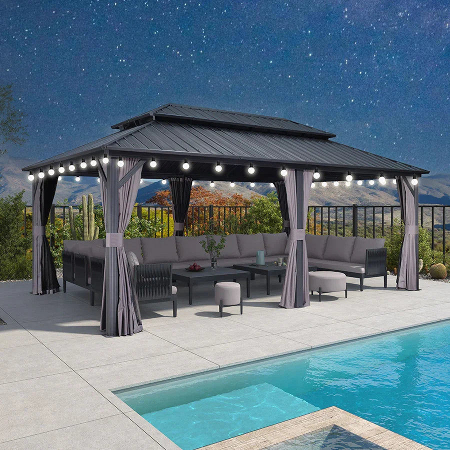 PURPLE LEAF – Pavillon gris à toit rigide avec double toit renforcé en acier galvanisé et guirlande lumineuse – milky