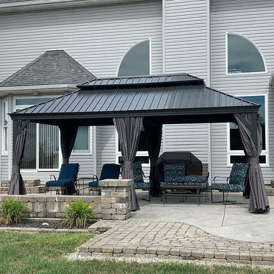 PURPLE LEAF – Pavillon de terrasse pour jardin, toit rigide gris en acier galvanisé avec rideau amélioré