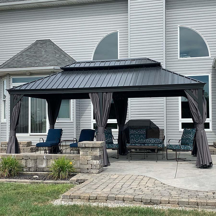PURPLE LEAF – Pavillon de terrasse pour jardin, toit rigide gris en acier galvanisé avec rideau amélioré