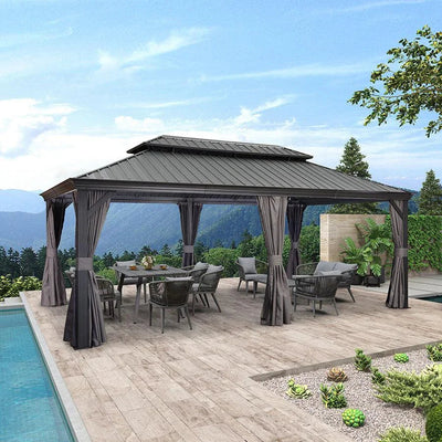 PURPLE LEAF – Pavillon de terrasse pour jardin, toit rigide gris en acier galvanisé avec rideau amélioré
