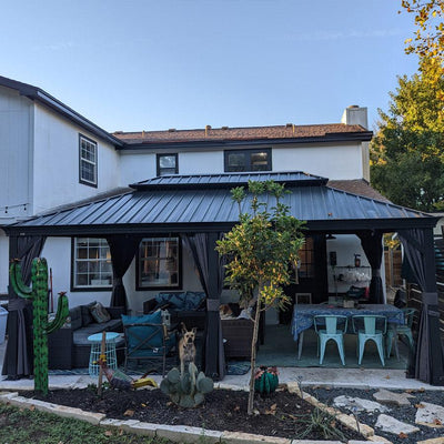 PURPLE LEAF – Pavillon de terrasse pour jardin, toit rigide gris en acier galvanisé avec rideau amélioré