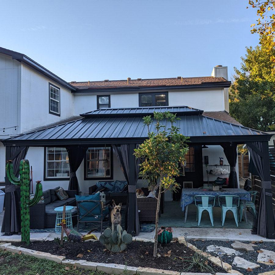 PURPLE LEAF – Pavillon de terrasse pour jardin, toit rigide gris en acier galvanisé avec rideau amélioré