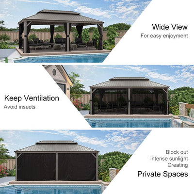 PURPLE LEAF – Pavillon de terrasse pour piscine, toit rigide gris clair en acier galvanisé avec rideaux améliorés