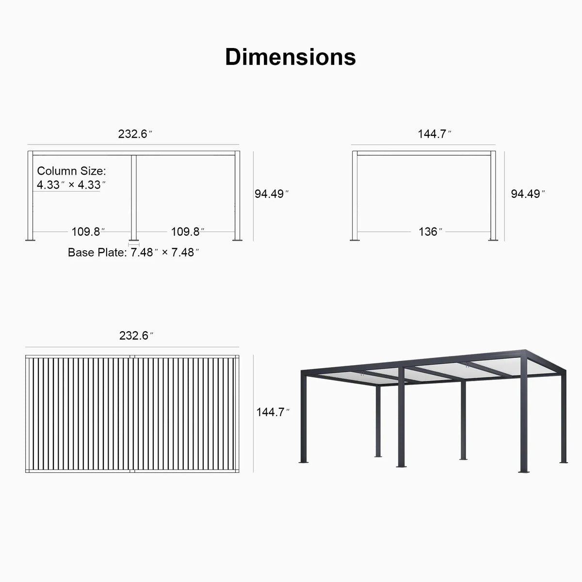 PURPLE LEAF Athena – Pergola extérieure grise en aluminium à lames orientables avec paroi à volets, réglable et étanche à la pluie