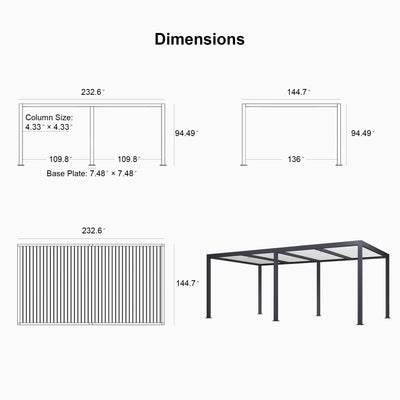 PURPLE LEAF Athena – Pergola extérieure grise en aluminium à lames orientables avec paroi à volets, réglable et étanche à la pluie