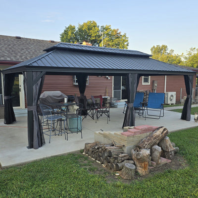 PURPLE LEAF – Pavillon de terrasse pour jardin, toit rigide gris en acier galvanisé avec rideau amélioré