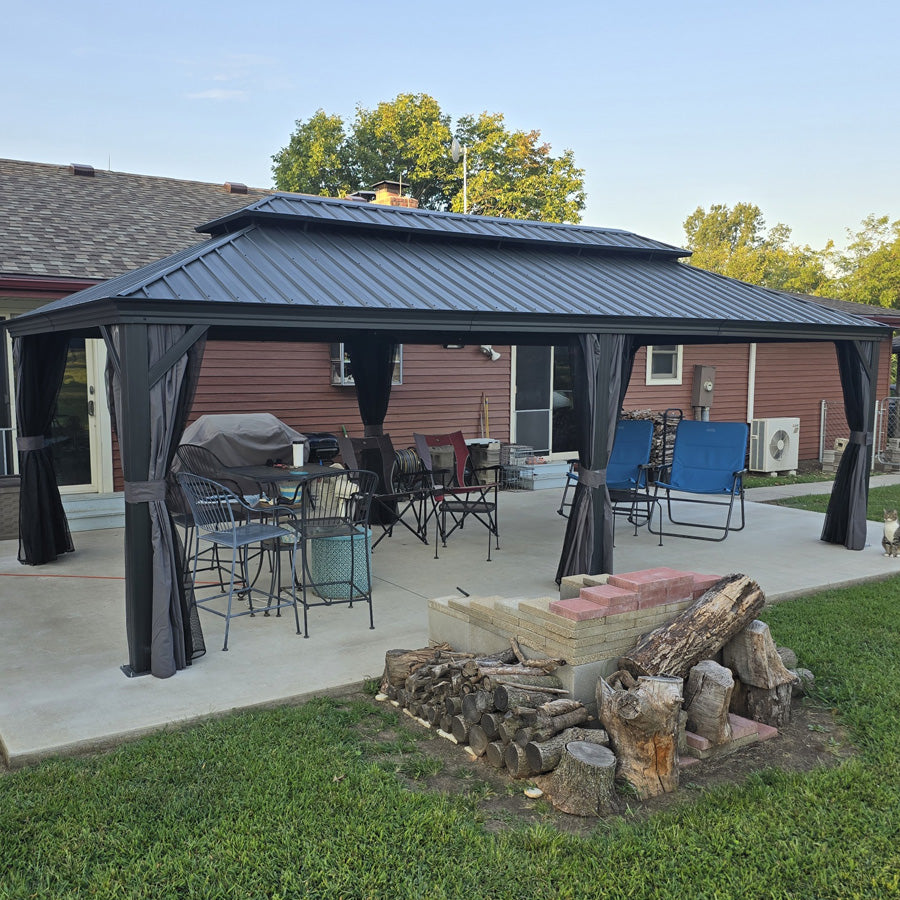 PURPLE LEAF – Pavillon de terrasse pour jardin, toit rigide gris en acier galvanisé avec rideau amélioré