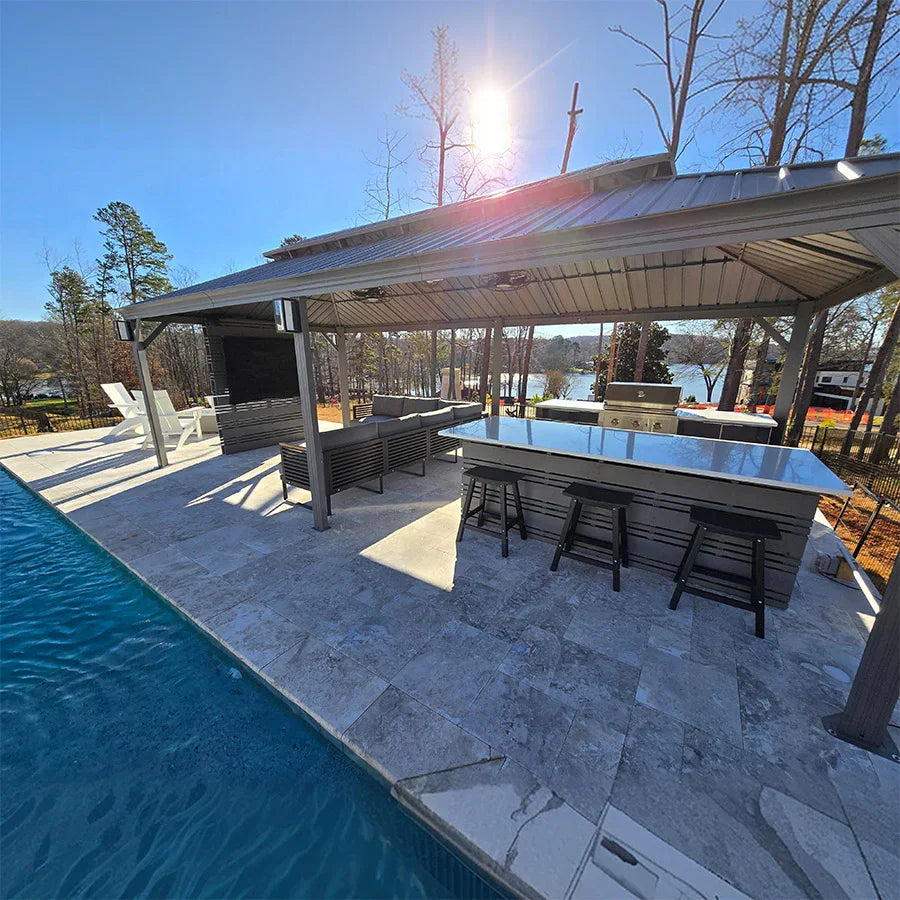 PURPLE LEAF – Pavillon de terrasse pour piscine, toit rigide gris clair en acier galvanisé avec rideaux améliorés