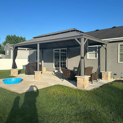 PURPLE LEAF – Pavillon de terrasse pour piscine, toit rigide gris clair en acier galvanisé avec rideaux améliorés