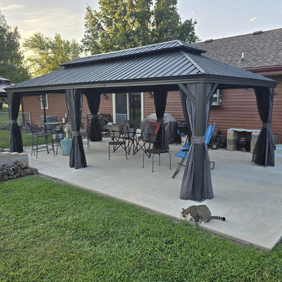 PURPLE LEAF – Pavillon de terrasse pour jardin, toit rigide gris en acier galvanisé avec rideau amélioré