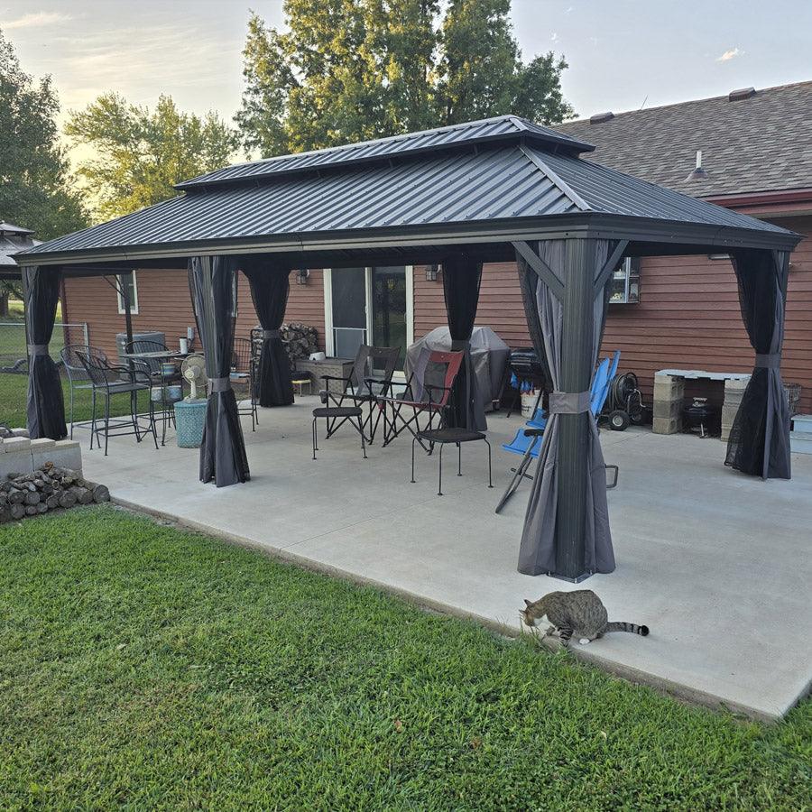 PURPLE LEAF – Pavillon de terrasse pour jardin, toit rigide gris en acier galvanisé avec rideau amélioré