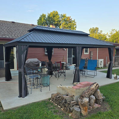 PURPLE LEAF – Pavillon de terrasse pour jardin, toit rigide gris en acier galvanisé avec rideau amélioré