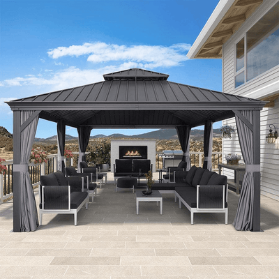 PURPLE LEAF – Pavillon de terrasse pour jardin, toit rigide gris en acier galvanisé avec rideau amélioré