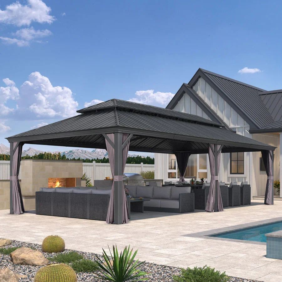 PURPLE LEAF – Pavillon de terrasse pour jardin, toit rigide gris en acier galvanisé avec rideau amélioré