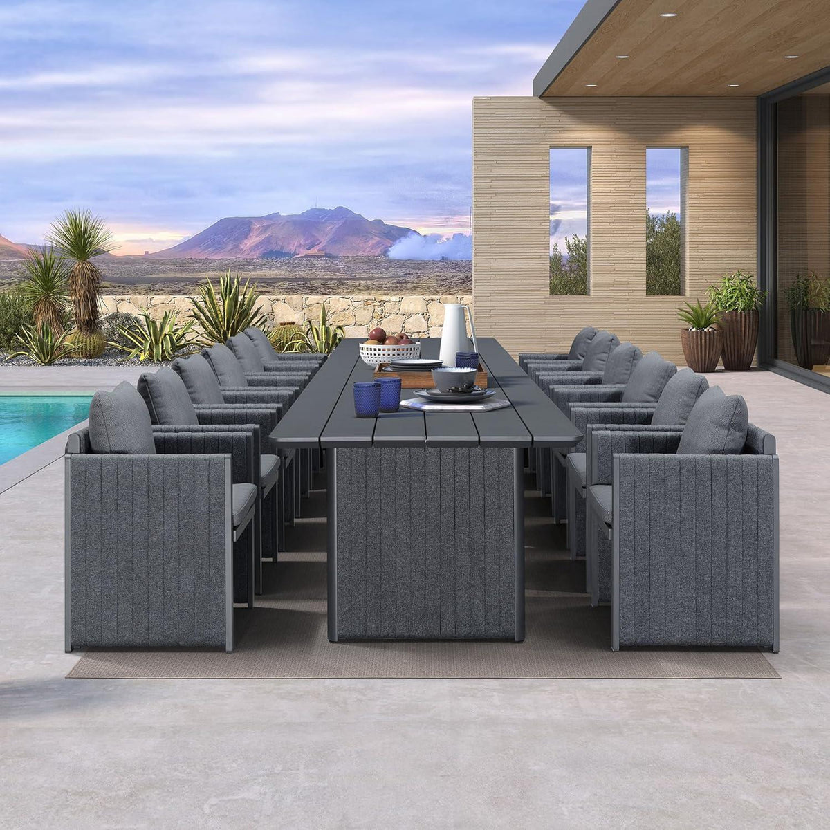 PURPLE LEAF Sanori – Ensemble repas extérieur avec table et chaises en aluminium résistantes aux intempéries, oreillers de dossier et coussins en oléfine