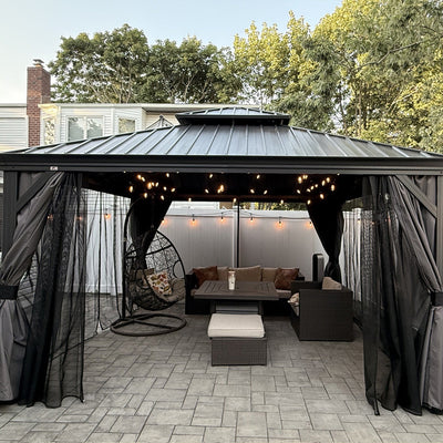 PURPLE LEAF – Pavillon de terrasse pour jardin, toit rigide gris en acier galvanisé avec rideau amélioré
