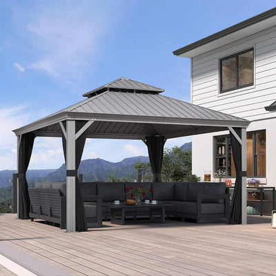 PURPLE LEAF – Pavillon de terrasse pour piscine, toit rigide gris clair en acier galvanisé avec rideaux améliorés
