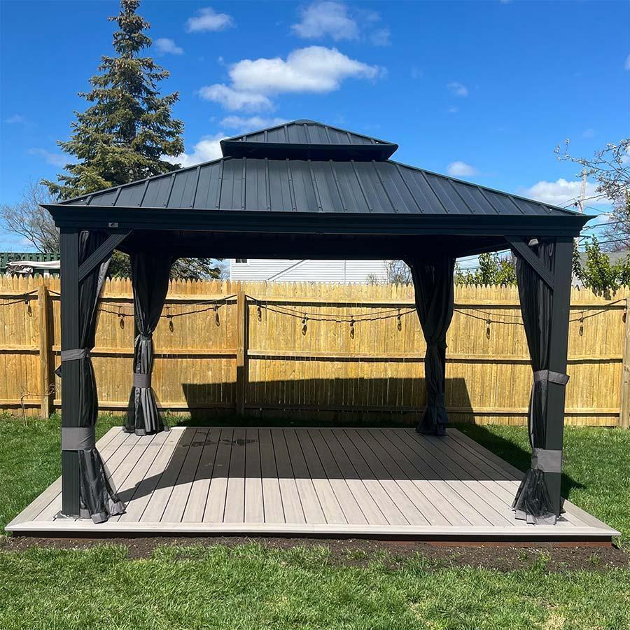 PURPLE LEAF – Pavillon de terrasse pour jardin, toit rigide gris en acier galvanisé avec rideau amélioré