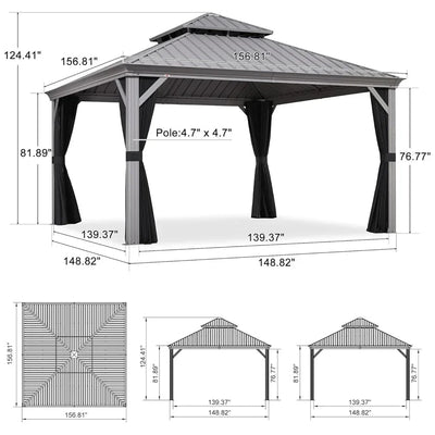 PURPLE LEAF – Pavillon de terrasse pour piscine, toit rigide gris clair en acier galvanisé avec rideaux améliorés