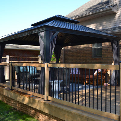 PURPLE LEAF – Pavillon de terrasse pour jardin, toit rigide gris en acier galvanisé avec rideau amélioré
