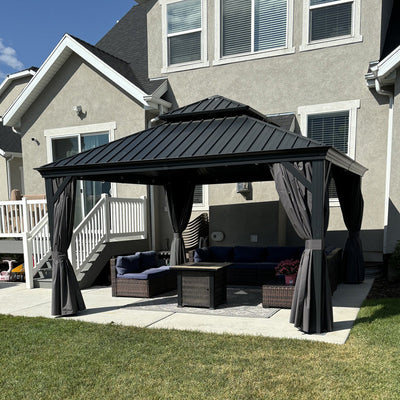PURPLE LEAF – Pavillon de terrasse pour jardin, toit rigide gris en acier galvanisé avec rideau amélioré