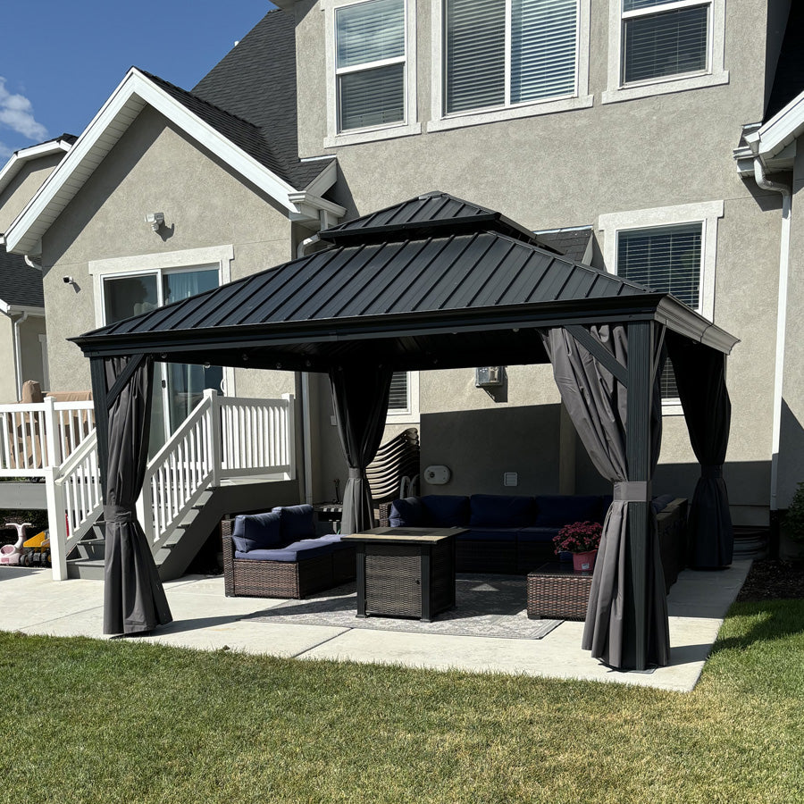 PURPLE LEAF – Pavillon de terrasse pour jardin, toit rigide gris en acier galvanisé avec rideau amélioré