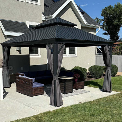 PURPLE LEAF – Pavillon de terrasse pour jardin, toit rigide gris en acier galvanisé avec rideau amélioré