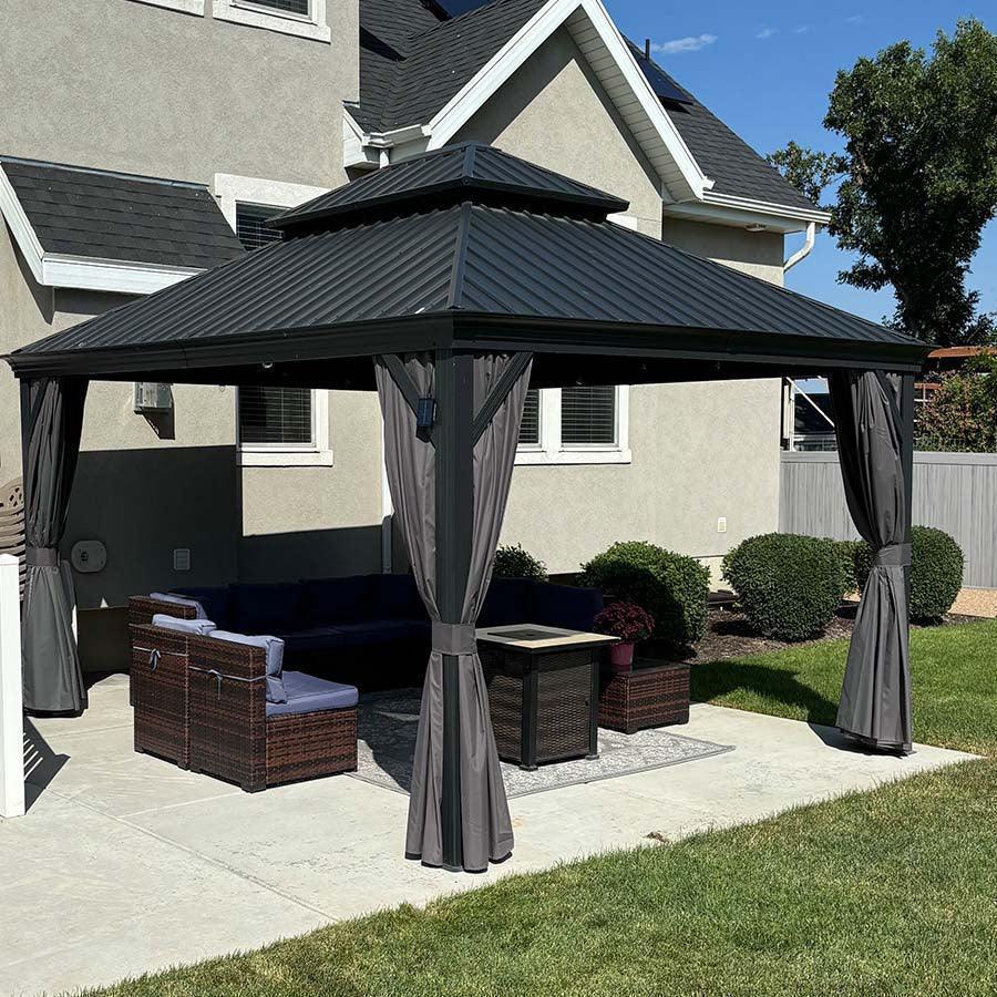 PURPLE LEAF – Pavillon de terrasse pour jardin, toit rigide gris en acier galvanisé avec rideau amélioré