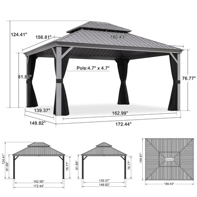 PURPLE LEAF – Pavillon de terrasse pour piscine, toit rigide gris clair en acier galvanisé avec rideaux améliorés