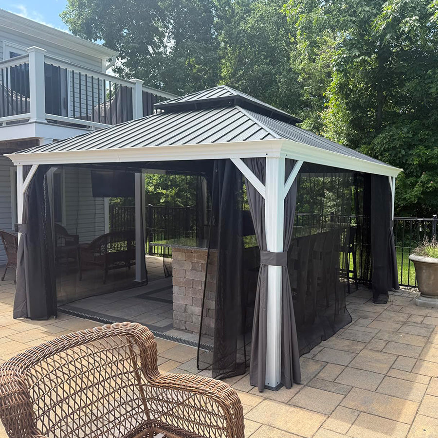 PURPLE LEAF – Pavillon blanc pour terrasse moderne avec double toit en acier galvanisé, rideau amélioré et éclairage – milky