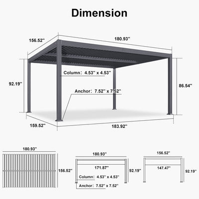 PURPLE LEAF Caesar – Pergola extérieure à lames orientables avec toit rigide réglable, gris