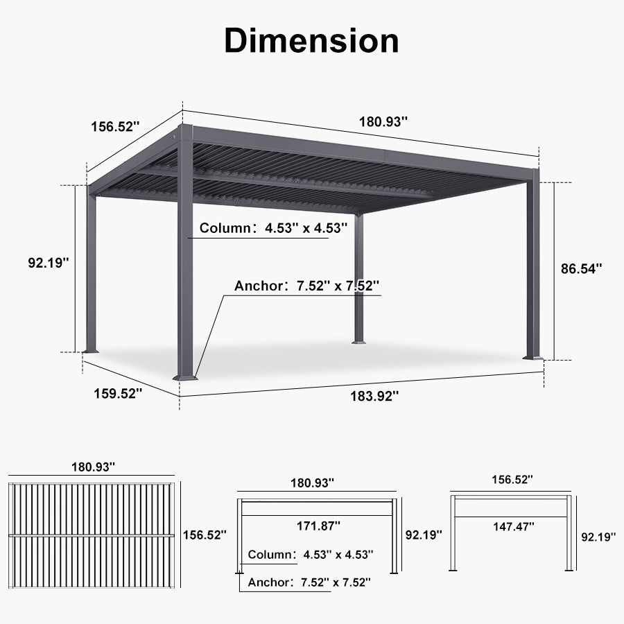 PURPLE LEAF Caesar – Pergola extérieure à lames orientables avec toit rigide réglable, gris
